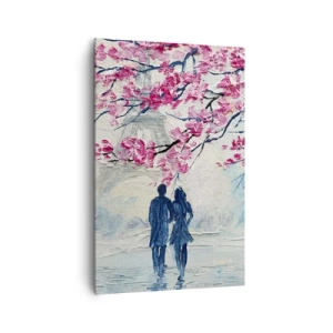 Cuadro sobre lienzo - Impresión de Imagen - Una pareja bajo árboles rosados en flor en un entorno romántico. - 80x120cm - Un paseo romántico - Decoración de pared moderna para salón y dormitorio ARTTOR