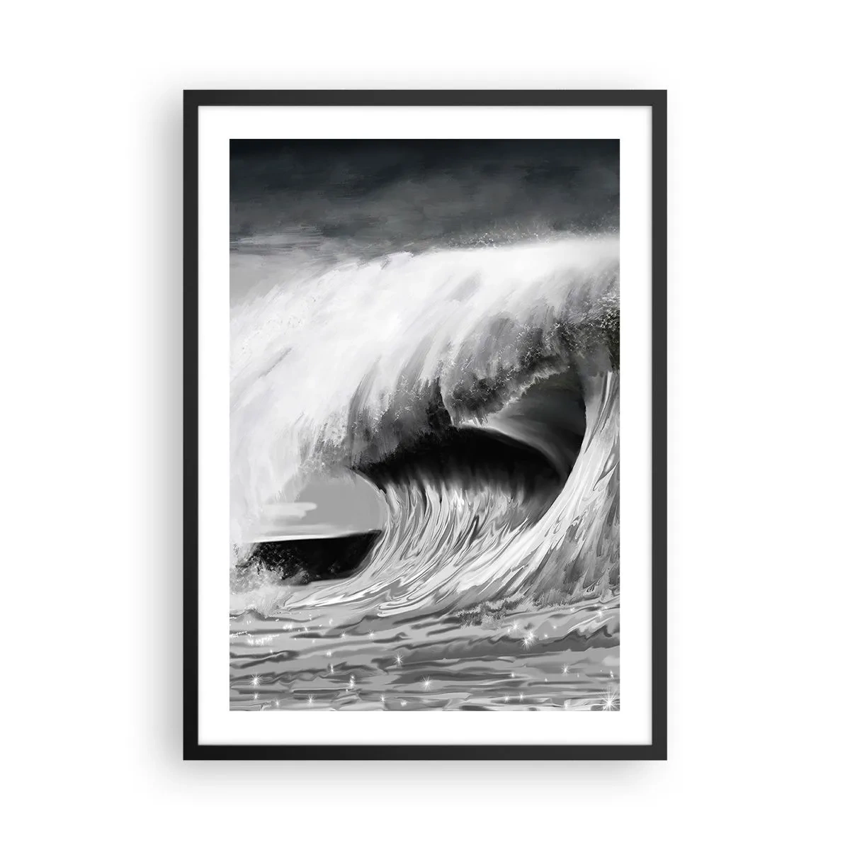 Póster en marco negro - Una poderosa ola en tonos grises - 50x70cm - La ira del océano - Decoración de pared moderna para salón y dormitorio ARTTOR