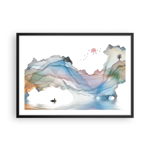 Póster en marco negro - Un paisaje sutil con montañas, agua y un barco. - 70x50cm - Hacia las montañas de cristal - Decoración de pared moderna para salón y dormitorio ARTTOR
