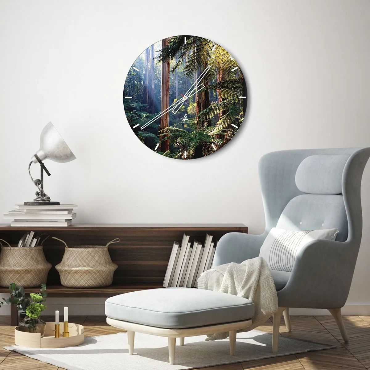 Reloj de pared - Reloj de vidrio - Selva tropical con árboles altos y helechos. - 30x30cm - Un cuento de hadas del bosque - Decoración de pared moderna para salón, cocina y dormitorio ARTTOR