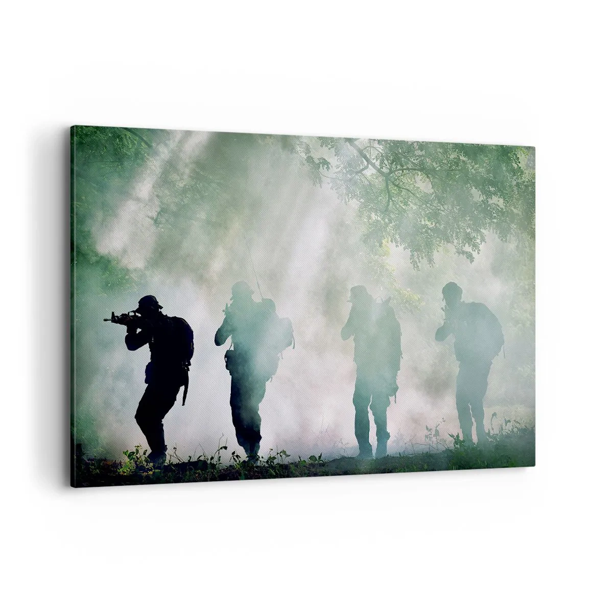 Cuadro sobre lienzo - Impresión de Imagen - Siluetas de soldados en un bosque rodeado de niebla. - 120x80cm - Uno para todos... - Decoración de pared moderna para salón y dormitorio ARTTOR
