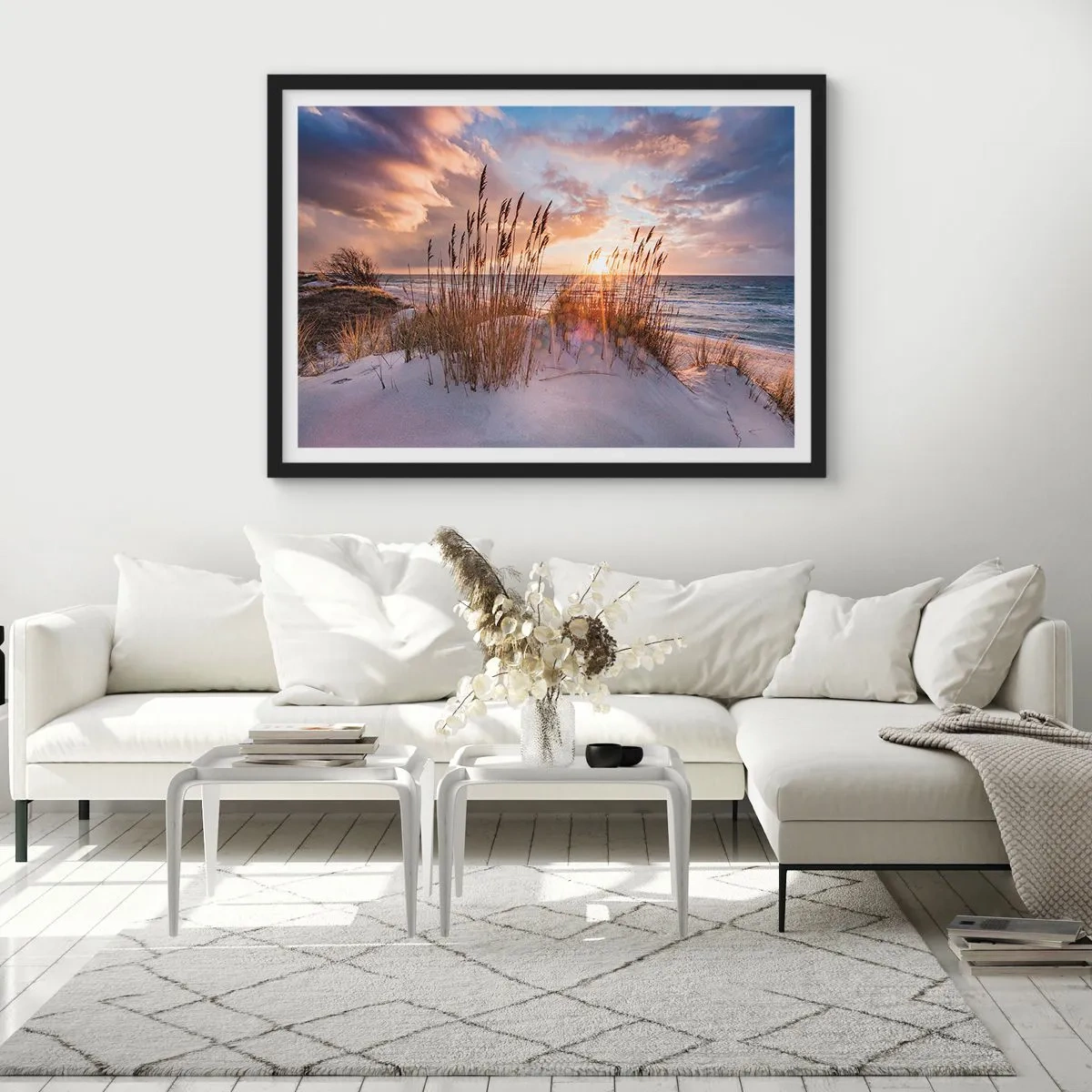 Póster en marco negro - Dunas con hierbas con el sol poniente como telón de fondo - 100x70cm - Adiós al sol y al viento - Decoración de pared moderna para salón y dormitorio ARTTOR
