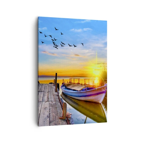 Cuadro sobre lienzo - Impresión de Imagen - Un barco en un muelle de madera al atardecer. - 50x70cm - Adiós, hasta mañana - Decoración de pared moderna para salón y dormitorio ARTTOR