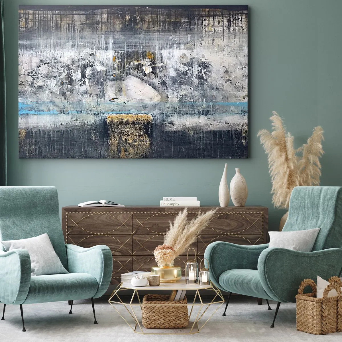 Cuadro sobre lienzo - Impresión de Imagen - Composición abstracta en tonos fríos - 70x50cm - Hielo abstracto - Decoración de pared moderna para salón y dormitorio ARTTOR