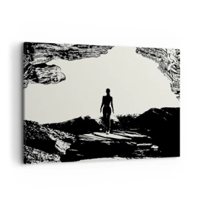 Cuadro sobre lienzo - Impresión de Imagen - Silueta en blanco y negro de una mujer en una cueva contra el cielo - 100x70cm - Una nueva mirada - Decoración de pared moderna para salón y dormitorio ARTTOR