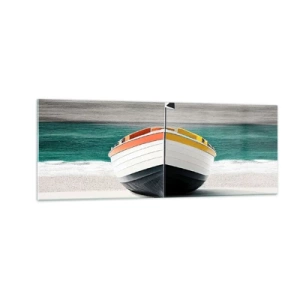 Cuadro sobre vidrio - Impresiones sobre Vidrio - Un barco en la playa con un mar turquesa al fondo. - 140x50cm - En su lugar exacto - Decoración de pared moderna para salón y dormitorio ARTTOR