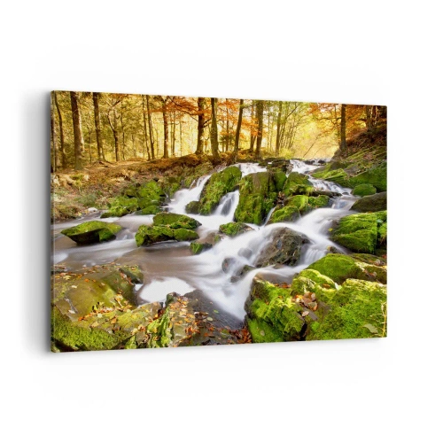 Cuadro sobre lienzo - Impresión de Imagen - Un paisaje boscoso con una cascada rodeada de musgo. - 120x80cm - Atravesando el bosque otoñal - Decoración de pared moderna para salón y dormitorio ARTTOR