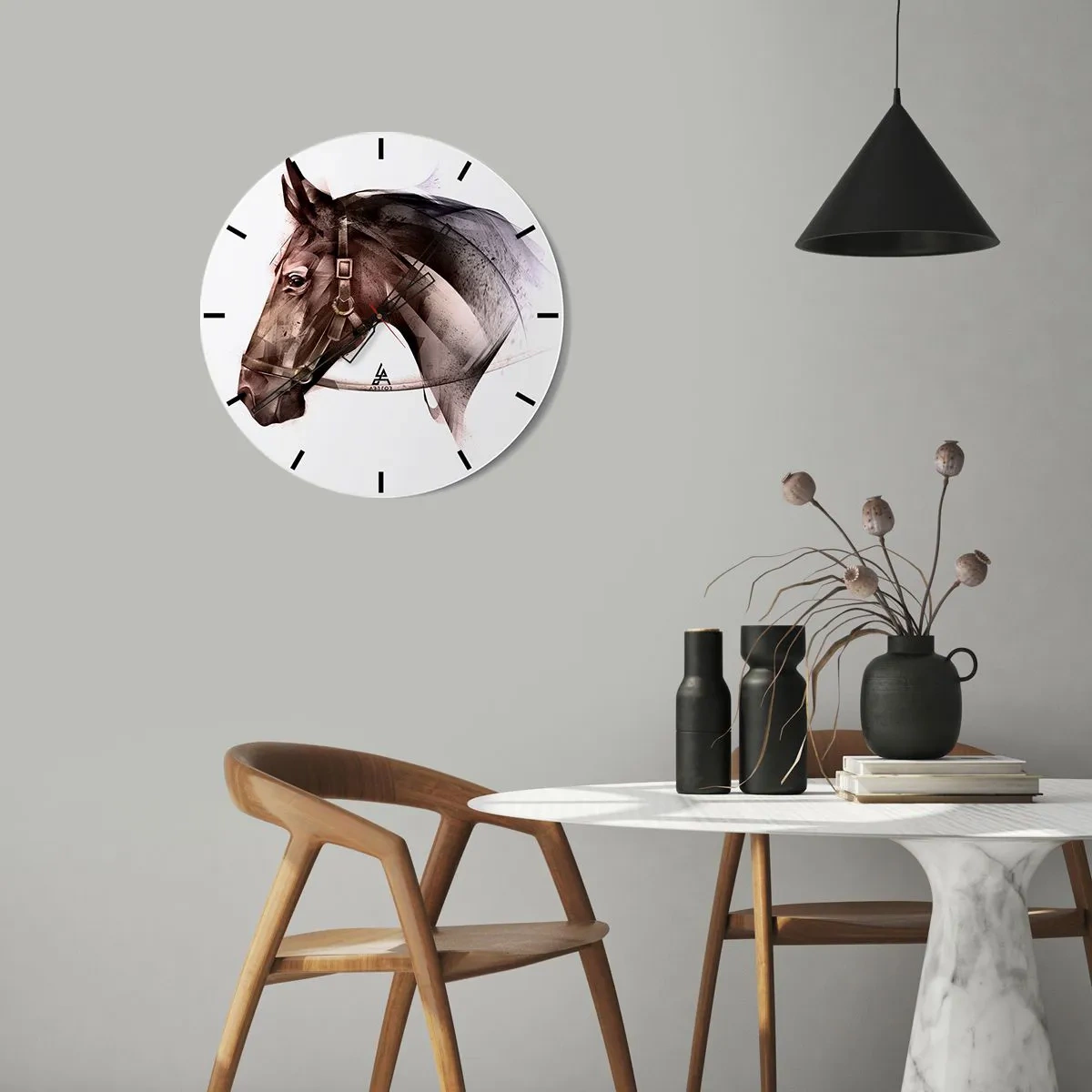 Reloj de pared - Reloj de vidrio - Un retrato artísticamente representado de un caballo sobre un fondo claro. - 30x30cm - Elegancia - Decoración de pared moderna para salón, cocina y dormitorio ARTTOR