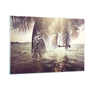 Cuadro sobre vidrio - Impresiones sobre Vidrio - Una playa con palmeras y un columpio sobre un mar en calma. - 120x80cm - Columpiar la imaginación - Decoración de pared moderna para salón y dormitorio ARTTOR