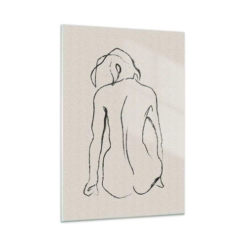 Cuadro sobre vidrio - Impresiones sobre Vidrio - Un delicado boceto de una mujer sentada, dibujado en negro sobre un fondo claro. - 50x70cm - Esbozos de una espalada - Decoración de pared moderna para salón y dormitorio ARTTOR