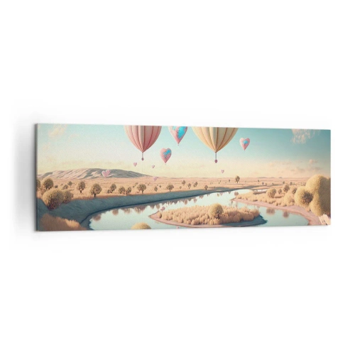 Cuadro sobre lienzo - Impresión de Imagen - Globos en forma de corazón flotando sobre el paisaje. - 160x50cm - El amor te hace volar - Decoración de pared moderna para salón y dormitorio ARTTOR