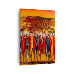 Cuadro sobre lienzo - Impresión de Imagen - Una escena colorida con figuras africanas con el sol poniente como telón de fondo. - 70x100cm - Allí, allí, allí van - Decoración de pared moderna para salón y dormitorio ARTTOR