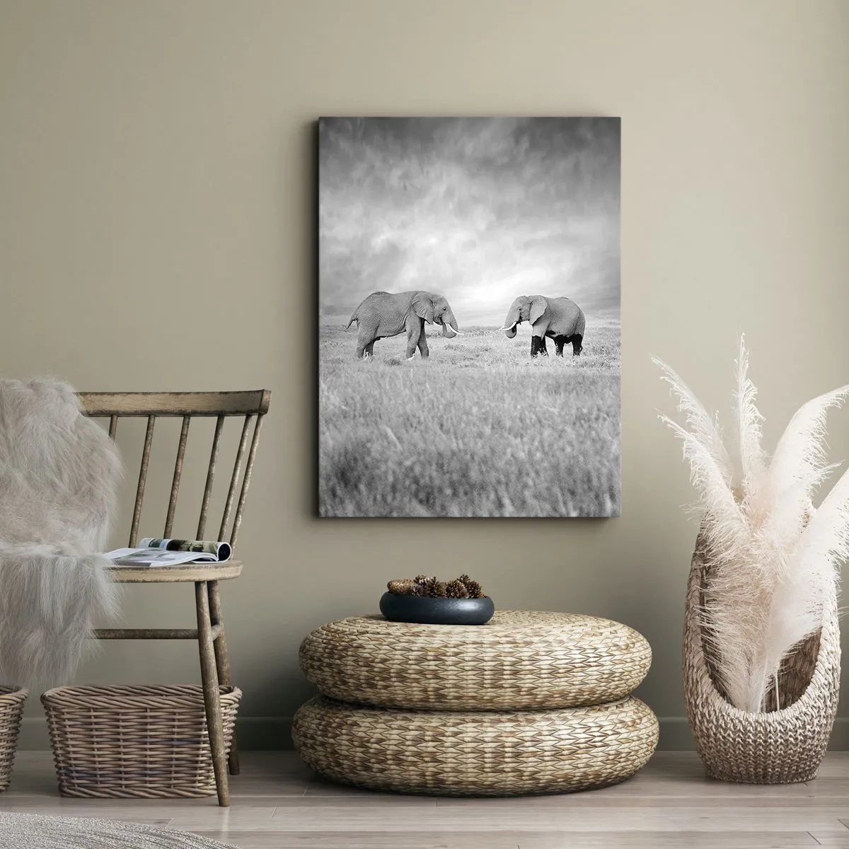 Cuadro sobre lienzo - Impresión de Imagen - Dos elefantes con la sabana africana como telón de fondo - 50x70cm - El gris es hermoso - Decoración de pared moderna para salón y dormitorio ARTTOR