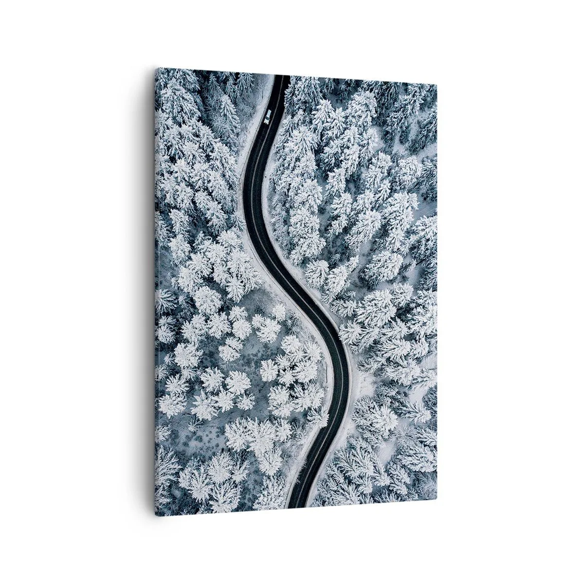Cuadro sobre lienzo - Impresión de Imagen - Una vista de pájaro de un camino sinuoso en un bosque invernal. - 50x70cm - A través de un bosque invernal - Decoración de pared moderna para salón y dormitorio ARTTOR
