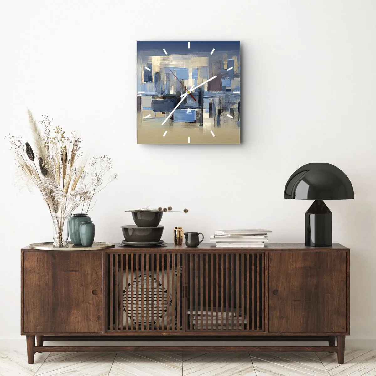 Reloj de pared - Reloj de vidrio - Construcción azul - 30x30 cm