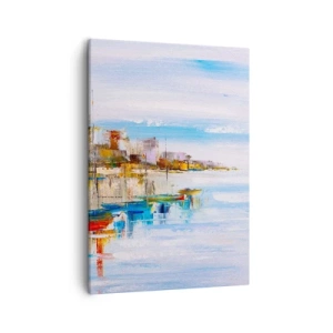 Cuadro sobre lienzo - Impresión de Imagen - Barcos coloridos en la orilla con vistas al horizonte de la ciudad - 50x70cm - Puerto urbano multicolor - Decoración de pared moderna para salón y dormitorio ARTTOR