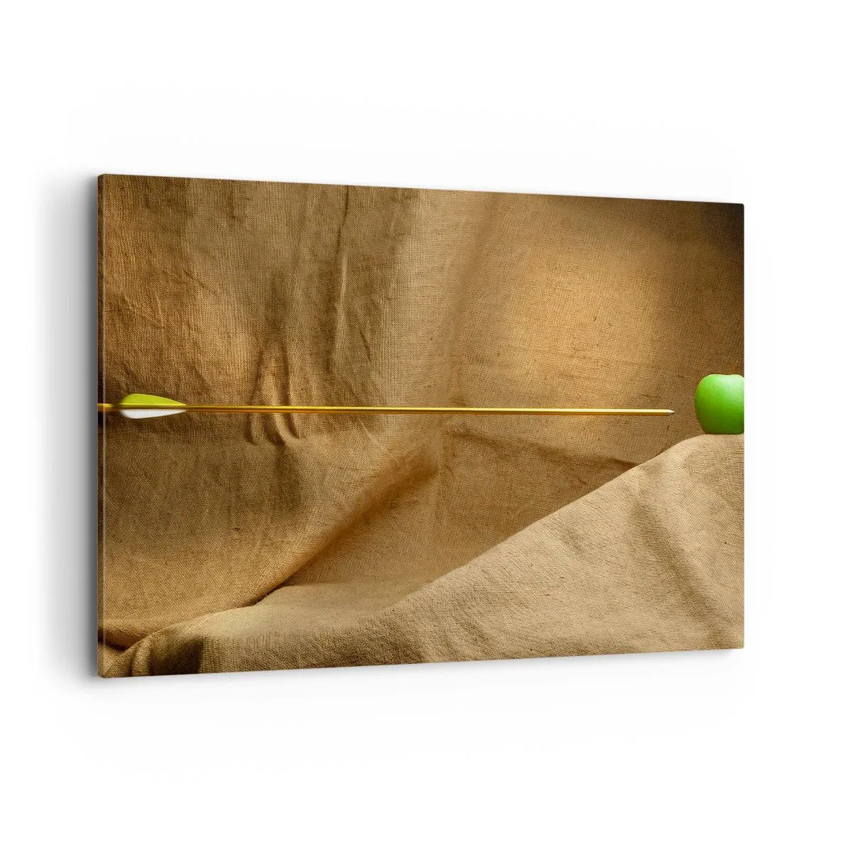Cuadro sobre lienzo - Impresión de Imagen - Manzana verde sobre tela con una flecha creando una composición - 100x70cm - Evocar el espíritu de Wilhelm Tell - Decoración de pared moderna para salón y dormitorio ARTTOR