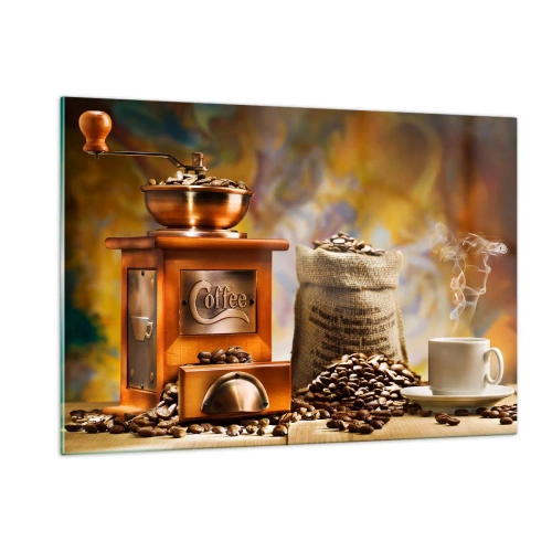 Cuadro sobre vidrio - Impresiones sobre Vidrio - Molinillo de café, granos y una taza sobre una mesa de madera. - 120x80cm - El crujido de los granos, el ruido del molino - Decoración de pared moderna para salón y dormitorio ARTTOR