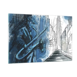 Cuadro sobre vidrio - Impresiones sobre Vidrio - Saxofonista de jazz en un entorno urbano de tonos azules - 120x80cm - Rapsodia urbana - Decoración de pared moderna para salón y dormitorio ARTTOR