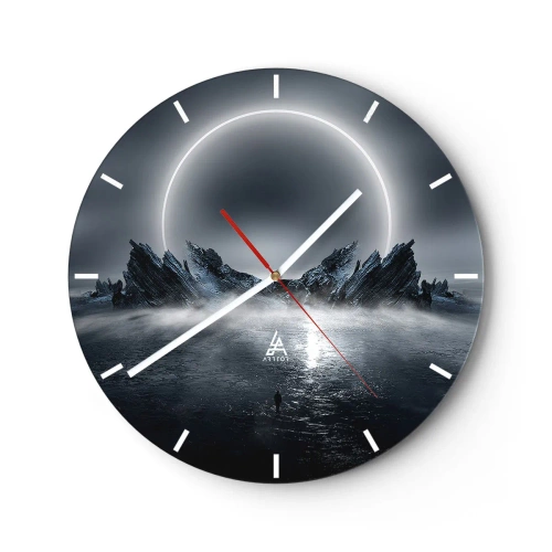 Reloj de pared - Reloj de vidrio - Paisaje futurista con eclipse y rocas afiladas. - 30x30cm - El final del cuento - Decoración de pared moderna para salón, cocina y dormitorio ARTTOR