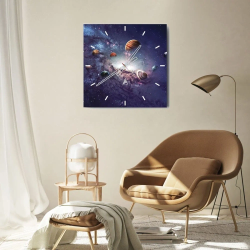 Reloj de pared - Reloj de vidrio - Planetas en una galaxia con una nebulosa al fondo - 30x30cm - La danza alrededor del Sol - Decoración de pared moderna para salón y dormitorio ARTTOR
