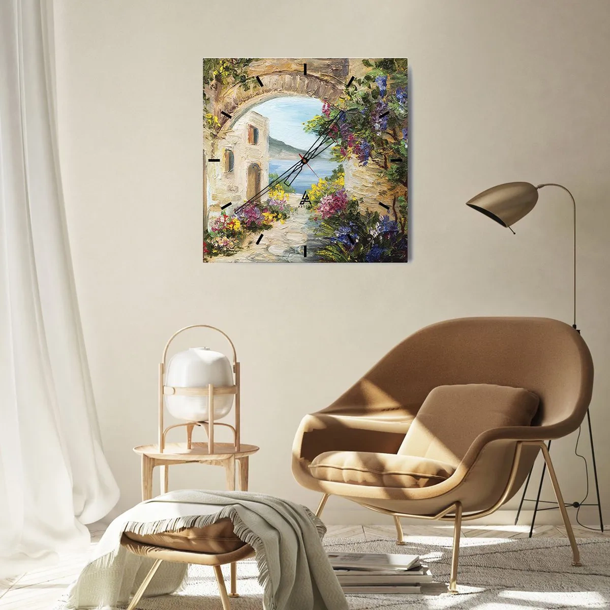 Reloj de pared - Reloj de vidrio - Paisaje costero con edificios de piedra y flores. - 30x30cm - El encanto del paisaje costero - Decoración de pared moderna para salón y dormitorio ARTTOR