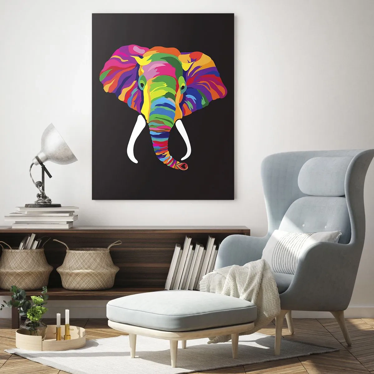 Cuadro sobre vidrio - Impresiones sobre Vidrio - Una imagen colorida de un elefante sobre un fondo negro. - 80x120cm - El elefante al que le gustaba bañarse en el arco iris - Decoración de pared moderna para salón y dormitorio ARTTOR