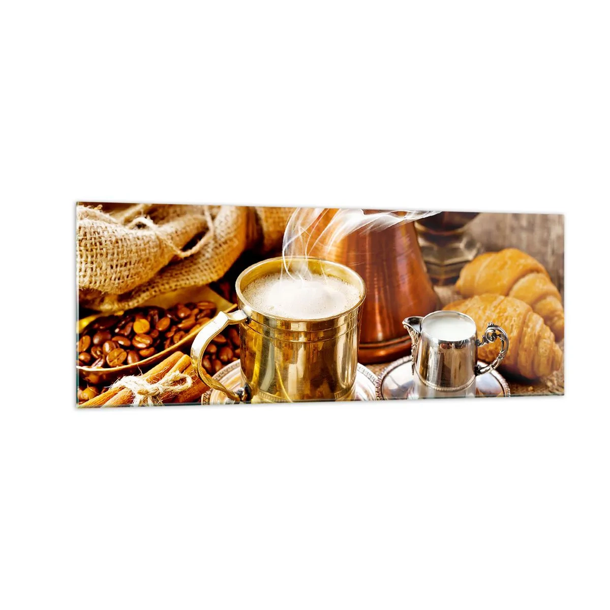 Cuadro sobre vidrio - Impresiones sobre Vidrio - Una taza de café dorada rodeada de granos, jarras y croissants. - 140x50cm - Que tengas un buen día - Decoración de pared moderna para salón y dormitorio ARTTOR