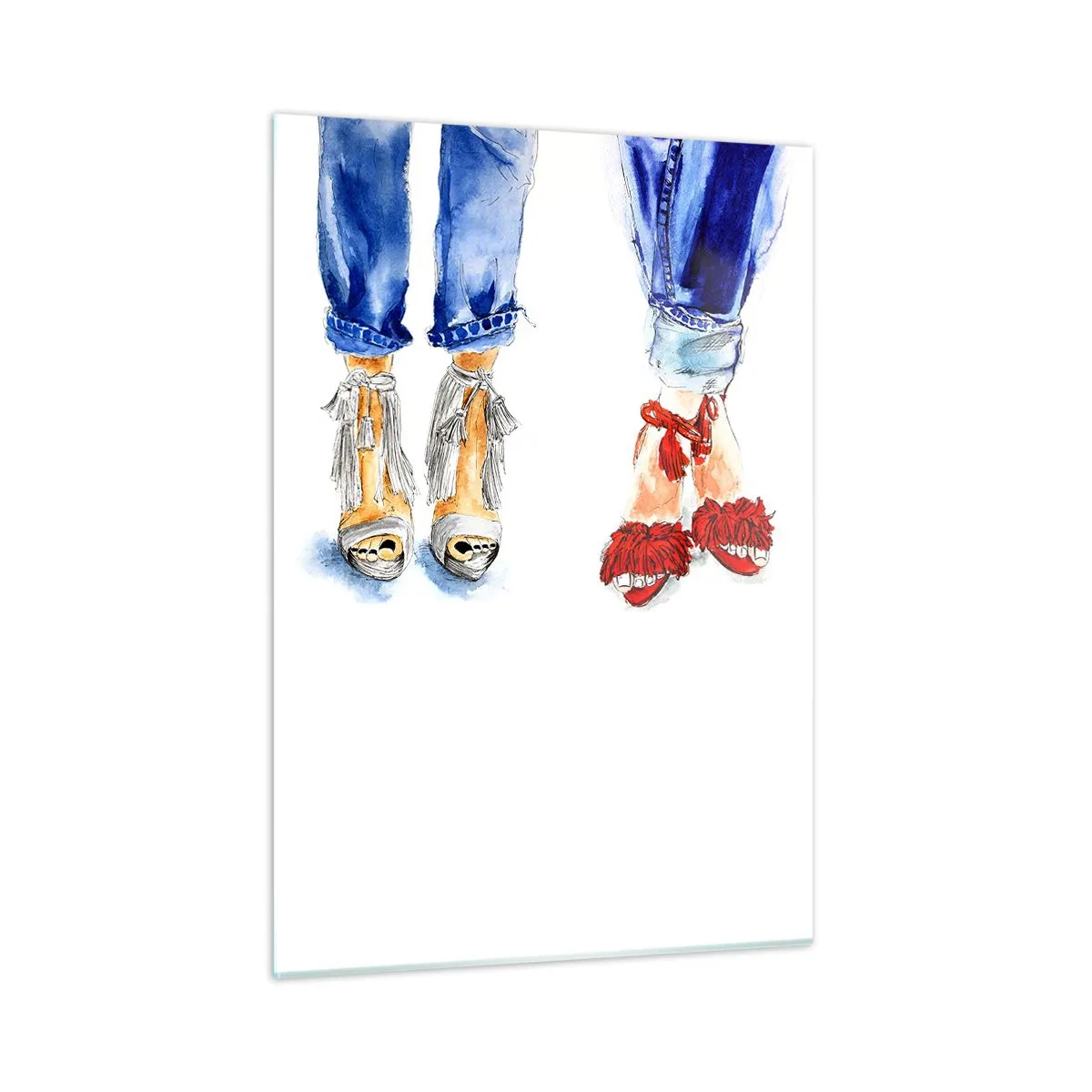 Cuadro sobre vidrio - Impresiones sobre Vidrio - Dos zapatos elegantes sobre un fondo de jeans. - 50x70cm - ¿Por qué no vamos a dar un paseo? - Decoración de pared moderna para salón y dormitorio ARTTOR
