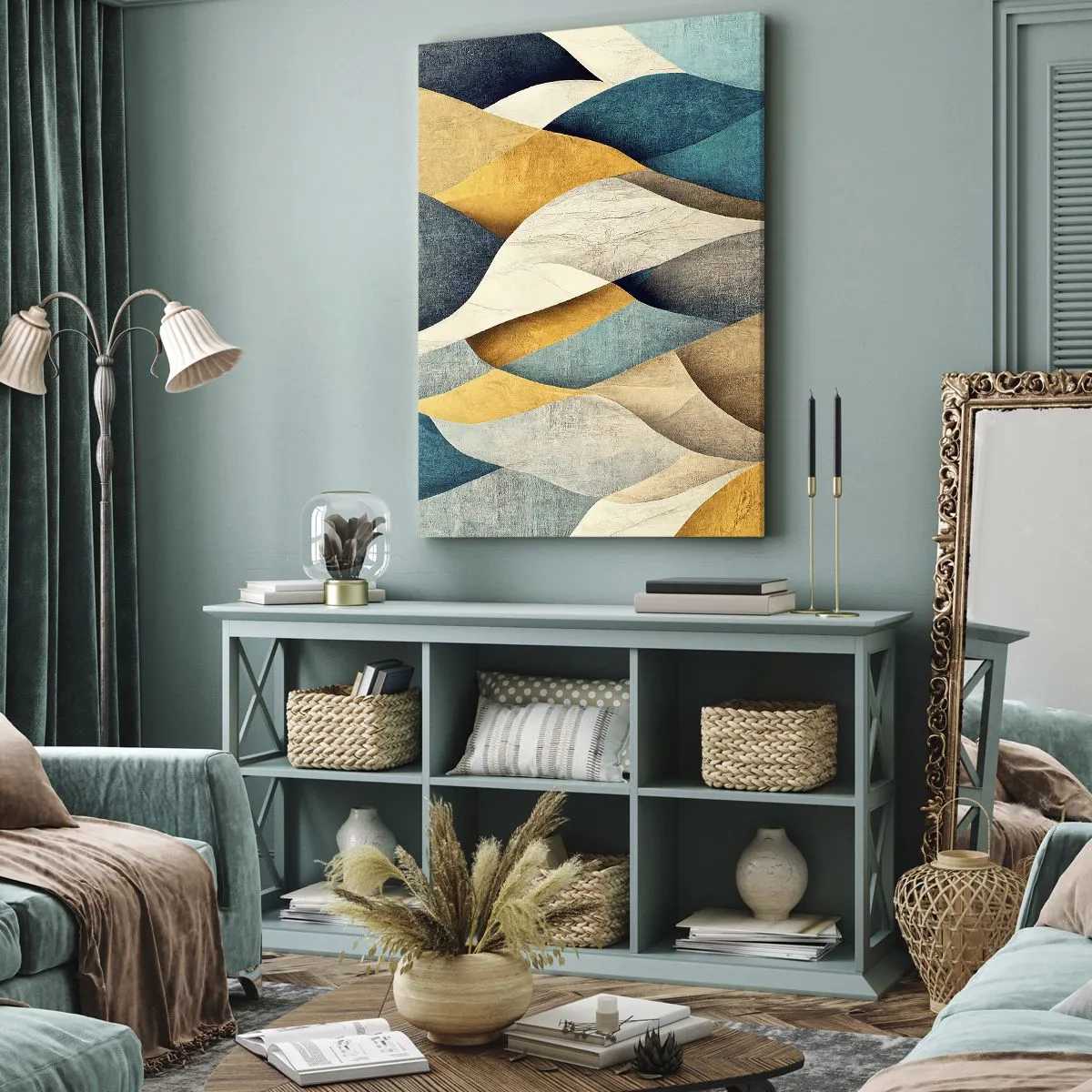 Cuadro sobre lienzo - Impresión de Imagen - Ondas abstractas en tonos azules y dorados. - 50x70cm - Ritmo y ondulación - Decoración de pared moderna para salón y dormitorio ARTTOR