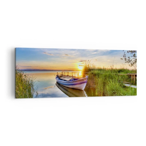 Cuadro sobre lienzo - Impresión de Imagen - Un barco en una bahía tranquila al atardecer. - 140x50cm - Sueños cumplidos - Decoración de pared moderna para salón y dormitorio ARTTOR