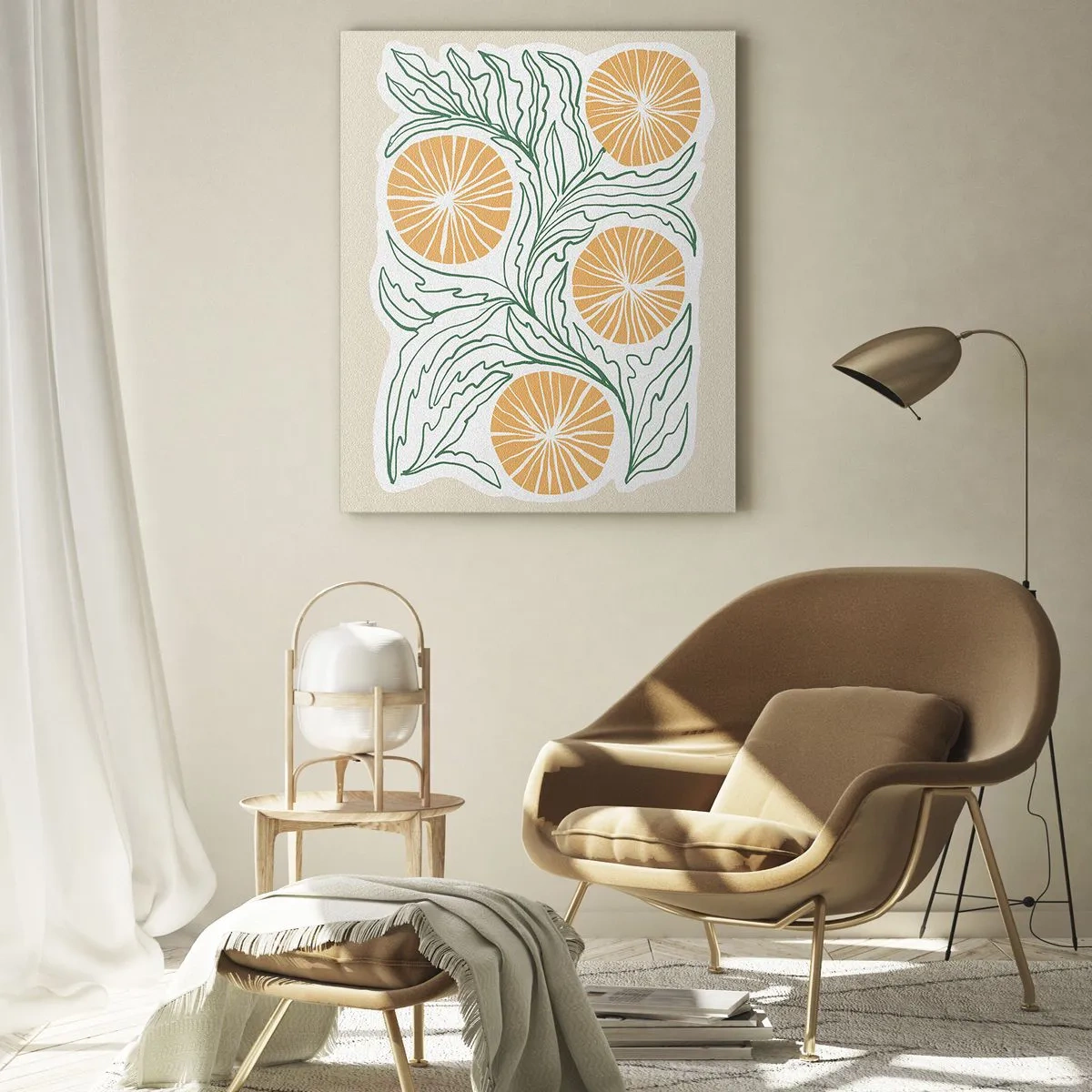 Cuadro sobre vidrio - Impresiones sobre Vidrio - Frutos anaranjados y hojas verdes en una composición gráfica. - 50x70cm - Étnico con un toque de abstracción - Decoración de pared moderna para salón y dormitorio ARTTOR