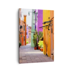 Cuadro sobre lienzo - Impresión de Imagen - Una calle colorida con casas de vecindad en tonos claros - 50x70cm - El callejón arco iris - Decoración de pared moderna para salón y dormitorio ARTTOR