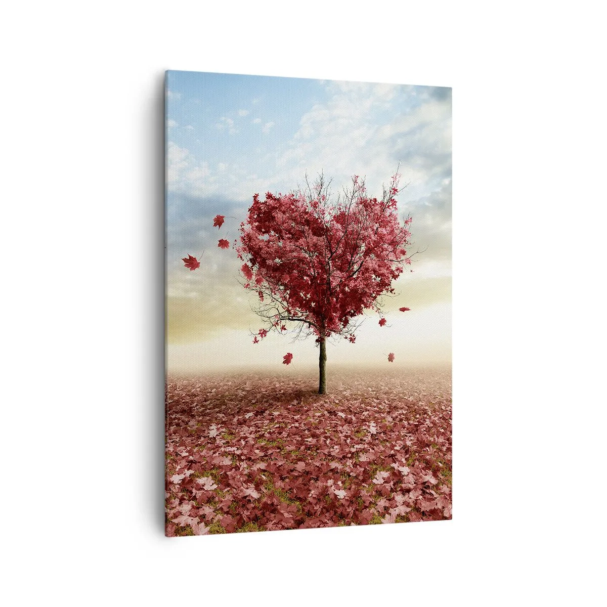 Cuadro sobre lienzo - Impresión de Imagen - Un árbol solitario en forma de corazón en un campo de hojas rojas. - 70x100cm - Amor de otoño - Decoración de pared moderna para salón y dormitorio ARTTOR