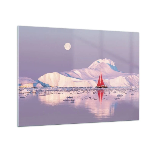 Cuadro sobre vidrio - Impresiones sobre Vidrio - Un velero con los glaciares como telón de fondo a la luz de la luna. - 100x70cm - El calor de la vela, el frío del hielo - Decoración de pared moderna para salón y dormitorio ARTTOR