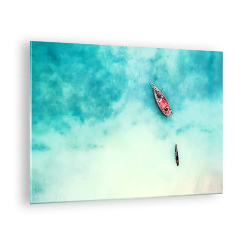 Cuadro sobre vidrio - Impresiones sobre Vidrio - Barcos en aguas azules en un entorno tranquilo. - 70x50cm - Porque en las playas de Zanzíbar, cuando las aguas se desbordan... - Decoración de pared moderna para salón y dormitorio ARTTOR