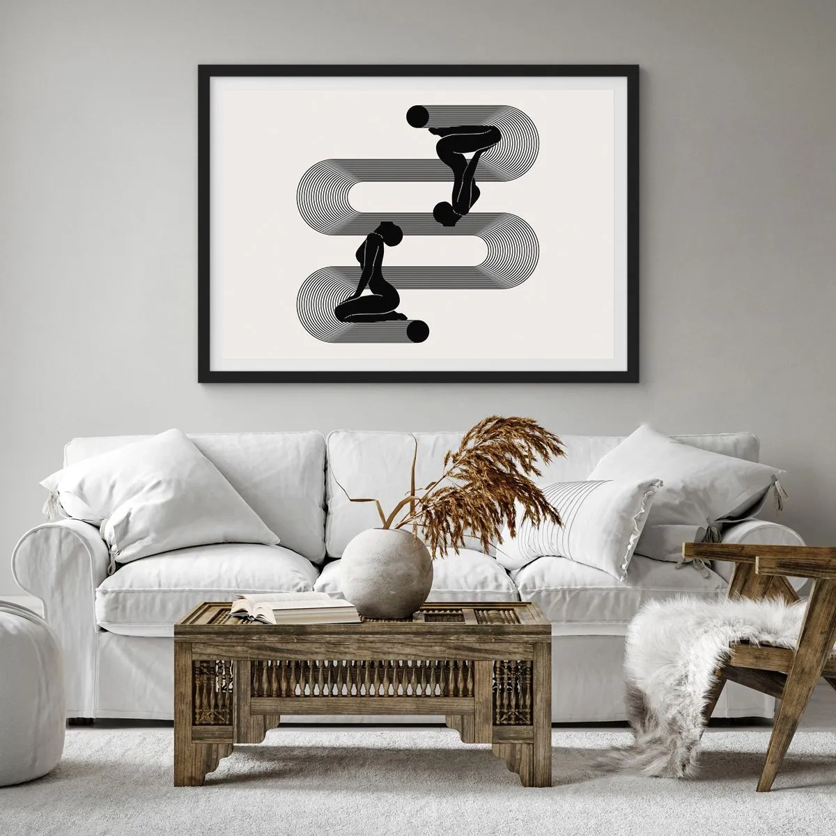 Póster en marco negro - Siluetas negras con líneas geométricas sobre un fondo claro - 70x50cm - Simetría sensual - Decoración de pared moderna para salón y dormitorio ARTTOR