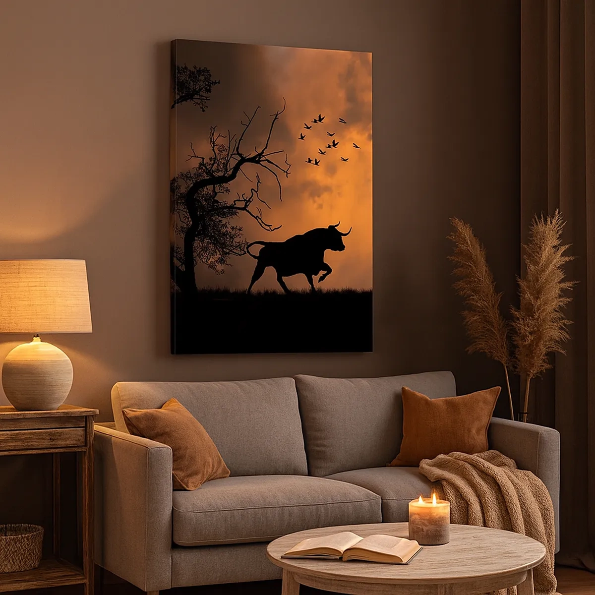 Cuadro sobre lienzo - Impresión de Imagen - Siluetas de toros contra un cielo naranja al atardecer - 50x70cm - Espectáculo dramático de la naturaleza - Decoración de pared moderna para salón y dormitorio ARTTOR