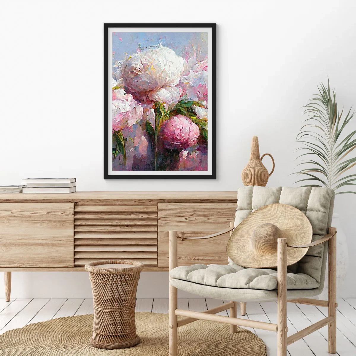 Póster en marco negro - Peonías en una composición romántica y pictórica. - 50x70cm - Un ramo rebosante de vida - Decoración de pared moderna para salón y dormitorio ARTTOR