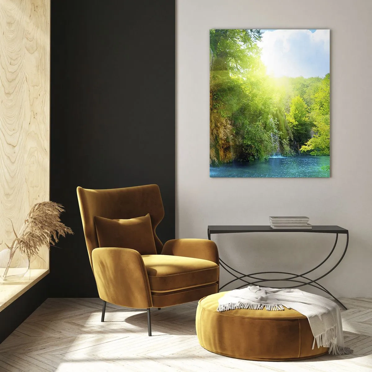 Cuadro sobre vidrio - Impresiones sobre Vidrio - Una cascada que desemboca en un lago turquesa rodeado de vegetación. - 80x120cm - Debe ser el Edén - Decoración de pared moderna para salón y dormitorio ARTTOR
