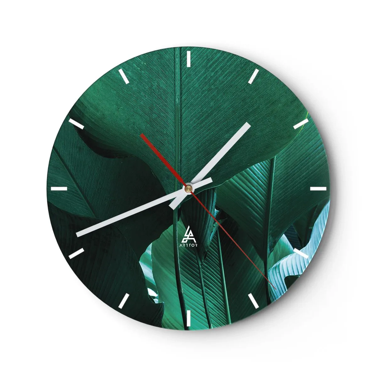 Reloj de pared - Reloj de vidrio - Primer plano de hojas verdes de plantas tropicales. - 30x30cm - De cara a la luz - Decoración de pared moderna para salón, cocina y dormitorio ARTTOR