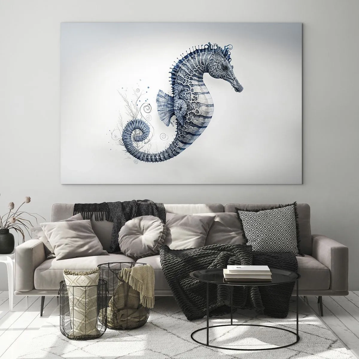 Cuadro sobre vidrio - Impresiones sobre Vidrio - Caballito de mar azul sobre un fondo claro en un estilo de dibujo - 70x50cm - Una sutil broma de la naturaleza - Decoración de pared moderna para salón y dormitorio ARTTOR