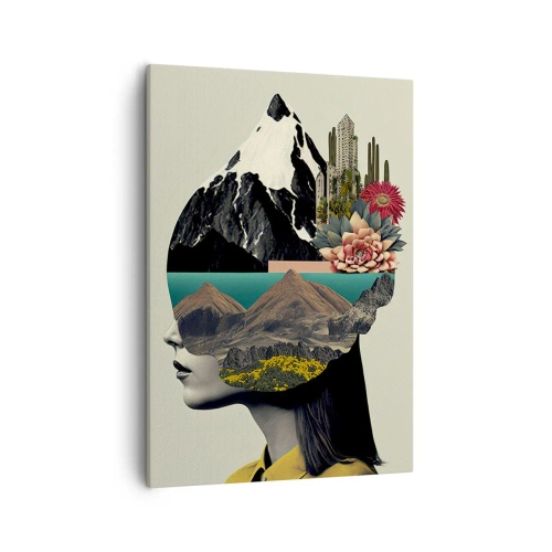Cuadro sobre lienzo - Impresión de Imagen - Collage de una mujer con un paisaje de montaña y flores. - 50x70cm - La mujer, siempre un misterio - Decoración de pared moderna para salón y dormitorio ARTTOR