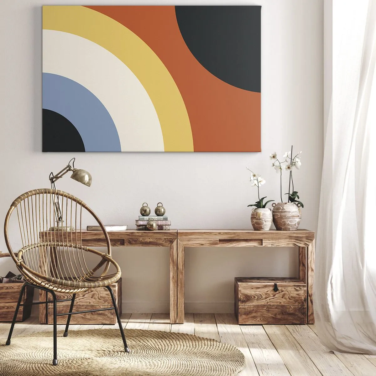 Cuadro sobre lienzo - Impresión de Imagen - Obra de arte abstracta con arcos coloridos y círculos contrastantes. - 70x50cm - Círculo sobre círculo - Decoración de pared moderna para salón y dormitorio ARTTOR