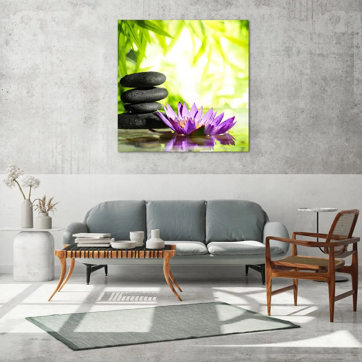 Cuadro sobre vidrio - Impresiones sobre Vidrio - En una cabaña de bambú - 60x60 cm