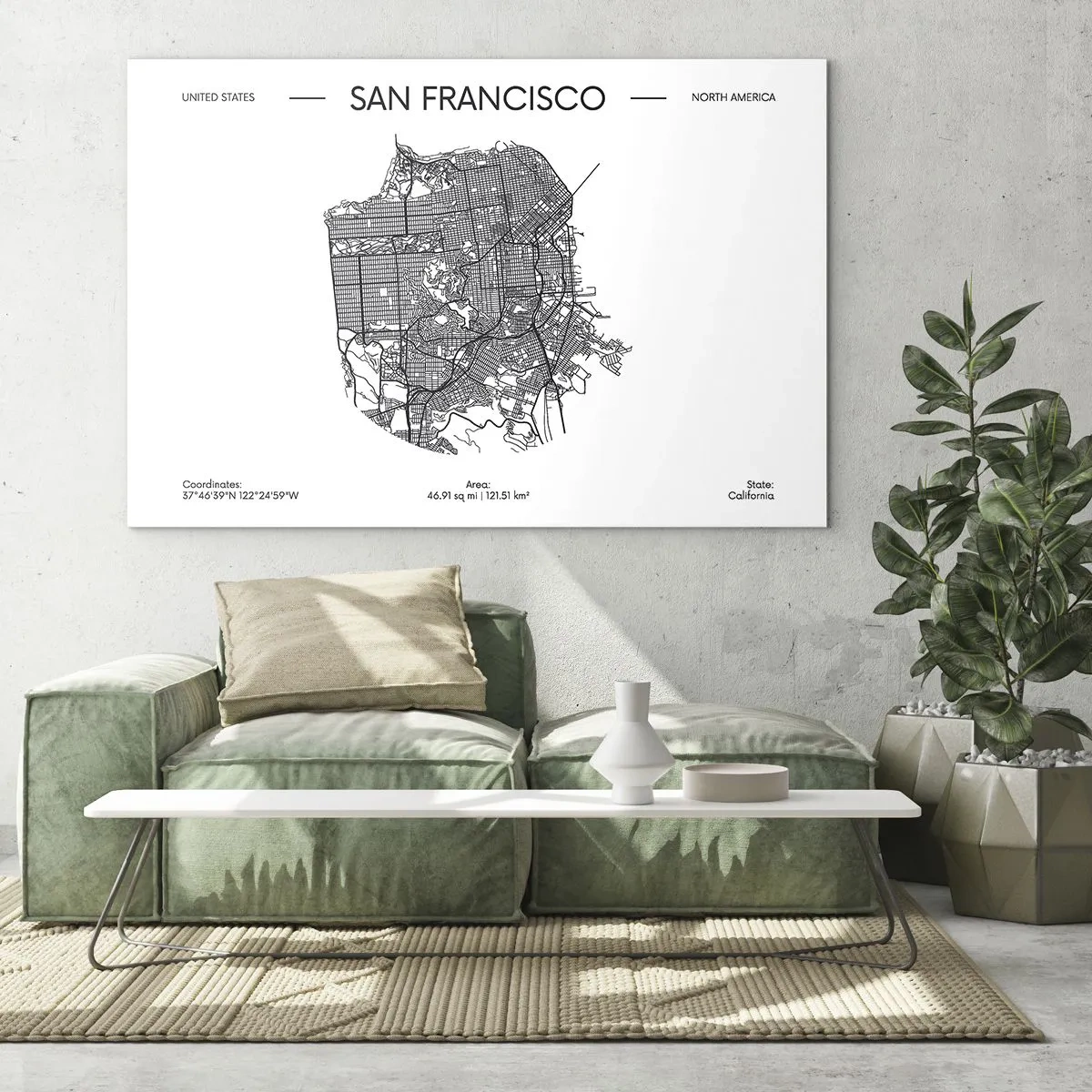 Cuadro sobre vidrio - Impresiones sobre Vidrio - Un mapa callejero minimalista de San Francisco - 120x80cm - Anatomía de San Francisco - Decoración de pared moderna para salón y dormitorio ARTTOR
