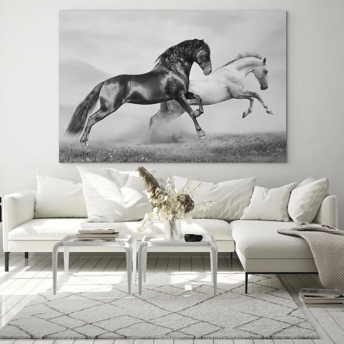 Cuadro sobre vidrio - Impresiones sobre Vidrio - Caballos blancos y negros en un entorno dinámico. - 120x80cm - Ángeles y demonios - Decoración de pared moderna para salón y dormitorio ARTTOR