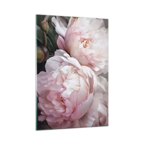 Cuadro sobre vidrio - Impresiones sobre Vidrio - Delicadas peonías en un tono rosa claro en primer plano. - 50x70cm - En flor - Decoración de pared moderna para salón y dormitorio ARTTOR