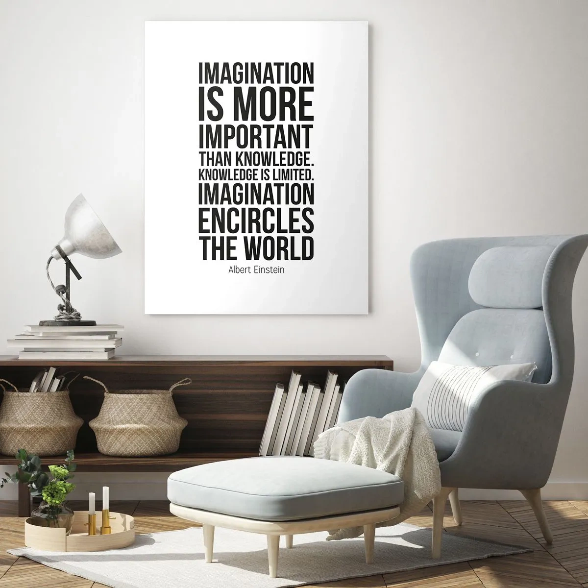 Cuadro sobre vidrio - Impresiones sobre Vidrio - Cita inspiradora sobre un fondo blanco en fuente negra. - 70x100cm - Einstein, sobre el poder de la imaginación - Decoración de pared moderna para salón y dormitorio ARTTOR