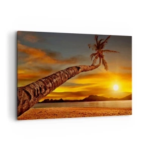 Cuadro sobre lienzo - Impresión de Imagen - Palmera en la playa al atardecer con vistas al mar - 120x80cm - Vacaciones exóticas, aventura en el Caribe - Decoración de pared moderna para salón y dormitorio ARTTOR